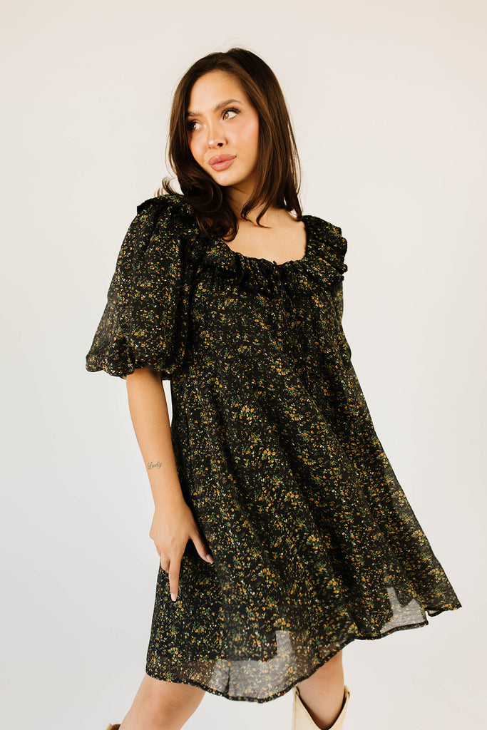 mini good luck puff sleeve dress // black floral *zoco exclusive*