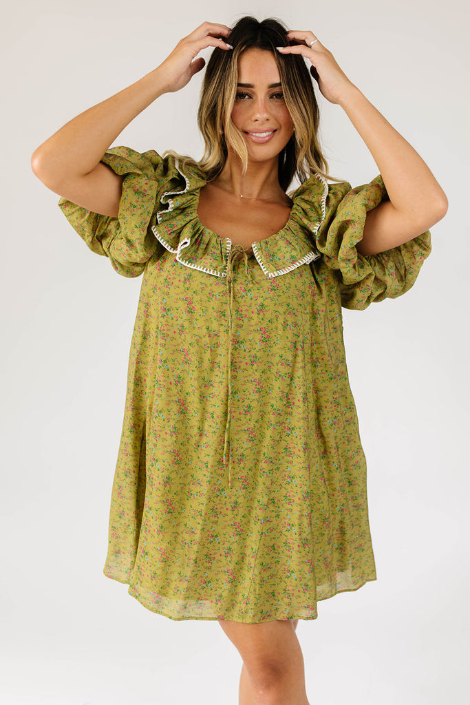 mini good luck puff sleeve dress // green floral *zoco exclusive*