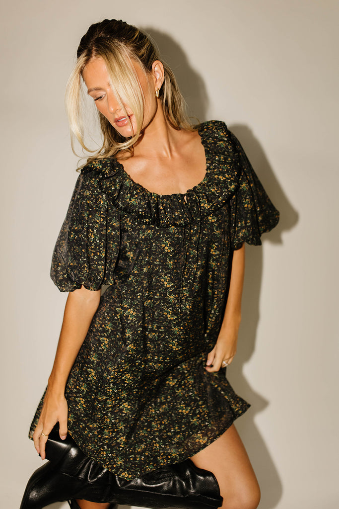 mini good luck puff sleeve dress // black floral *zoco exclusive*