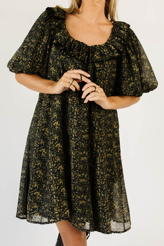 mini good luck puff sleeve dress // black floral *zoco exclusive*