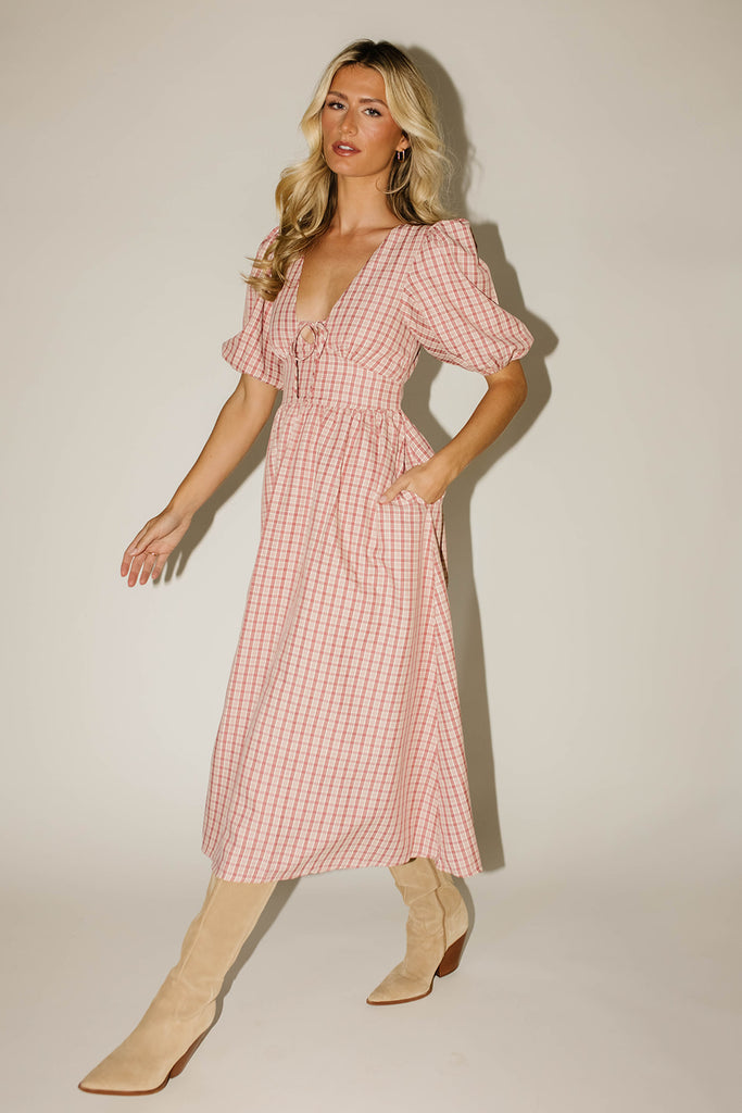 adeline midi dress // pink plaid *zoco exclusive*